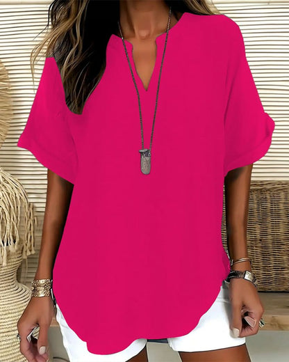 Relaxed V-Neck Short Sleeve Blouse