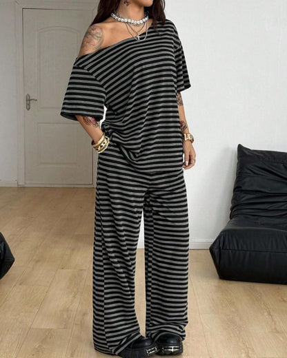 Striped Off-Shoulder Wide-Leg Two-Piece Set