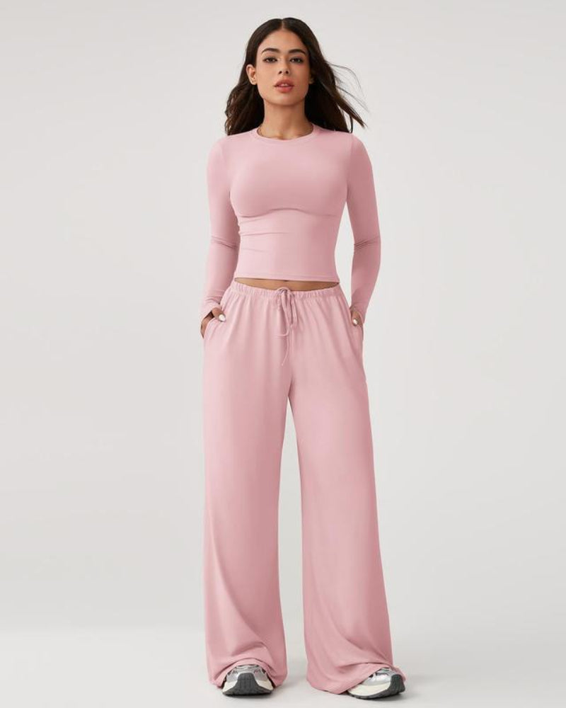 Women’s 2-Piece Activewear Set: Long-Sleeve Crop Top & Wide-Leg Pants | Stretchy Yoga/Workout/Running Clothes