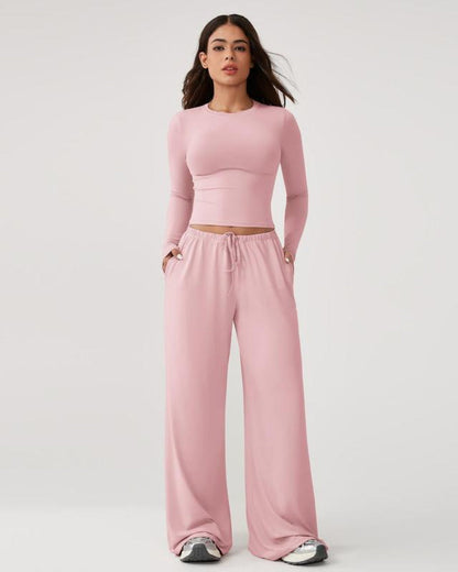 Women’s 2-Piece Activewear Set: Long-Sleeve Crop Top & Wide-Leg Pants | Stretchy Yoga/Workout/Running Clothes