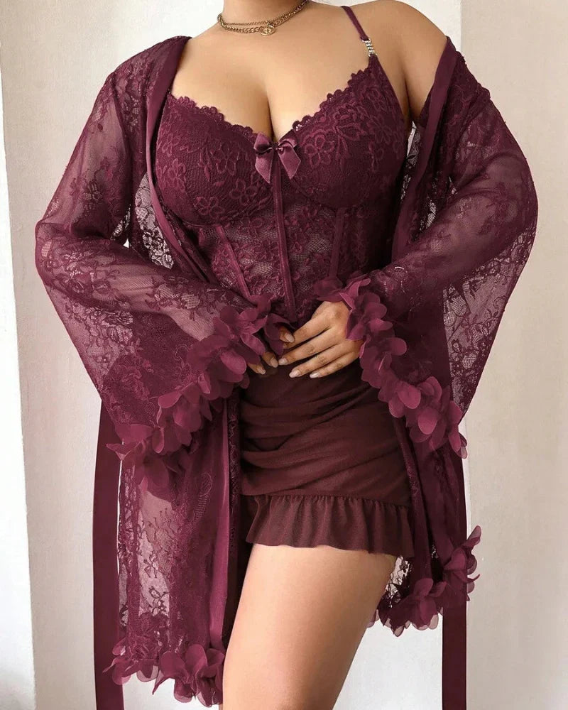 Plus size Lace Cami Nightgown & Floral Lace Trim Wide Sleeve Sheer Robe