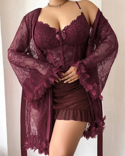 Plus size Lace Cami Nightgown & Floral Lace Trim Wide Sleeve Sheer Robe