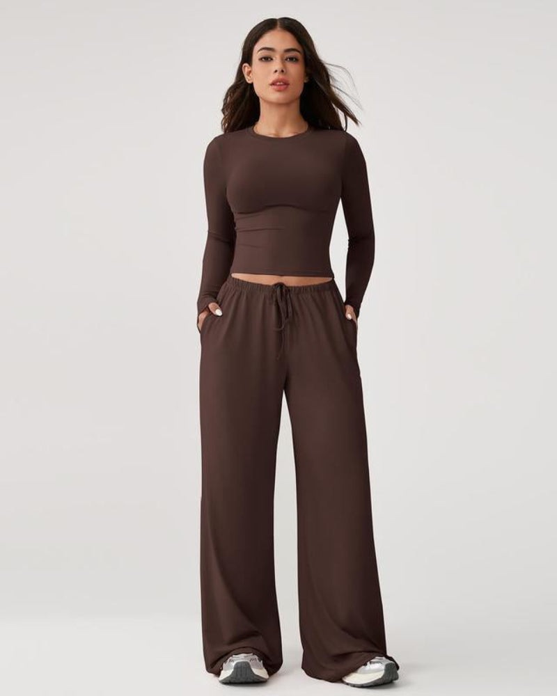 Women’s 2-Piece Activewear Set: Long-Sleeve Crop Top & Wide-Leg Pants | Stretchy Yoga/Workout/Running Clothes