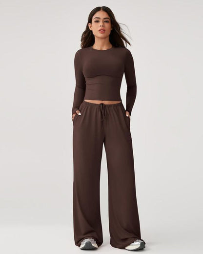Women’s 2-Piece Activewear Set: Long-Sleeve Crop Top & Wide-Leg Pants | Stretchy Yoga/Workout/Running Clothes