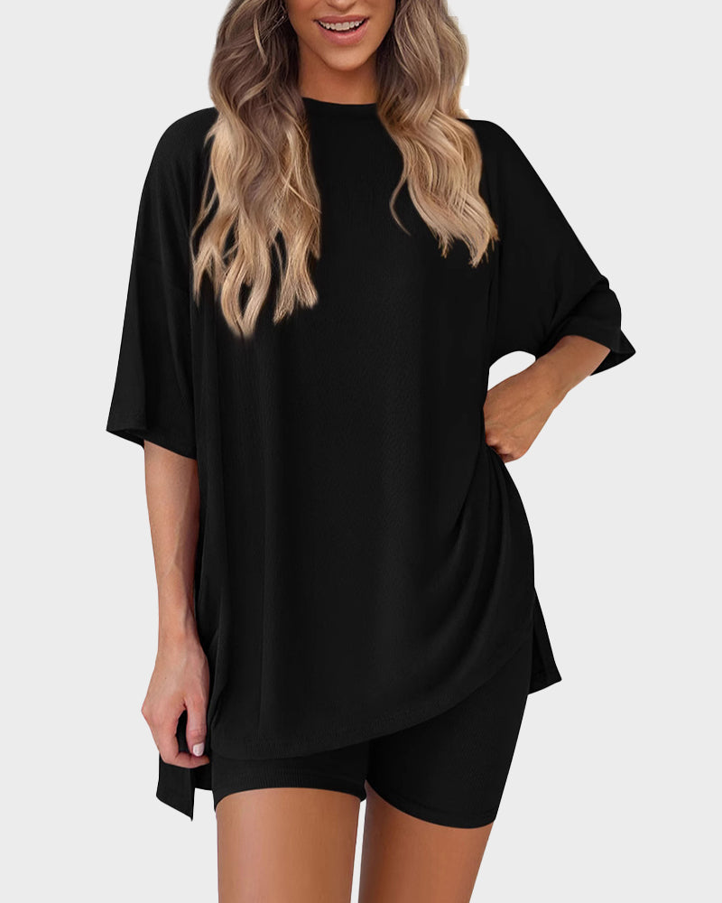 Casual 2-Piece Loungewear Set Oversized Split Hem Top & Fitted Shorts
