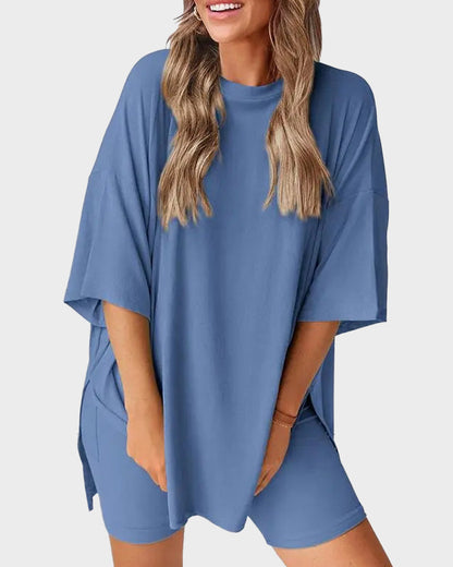 Casual 2-Piece Loungewear Set Oversized Split Hem Top & Fitted Shorts