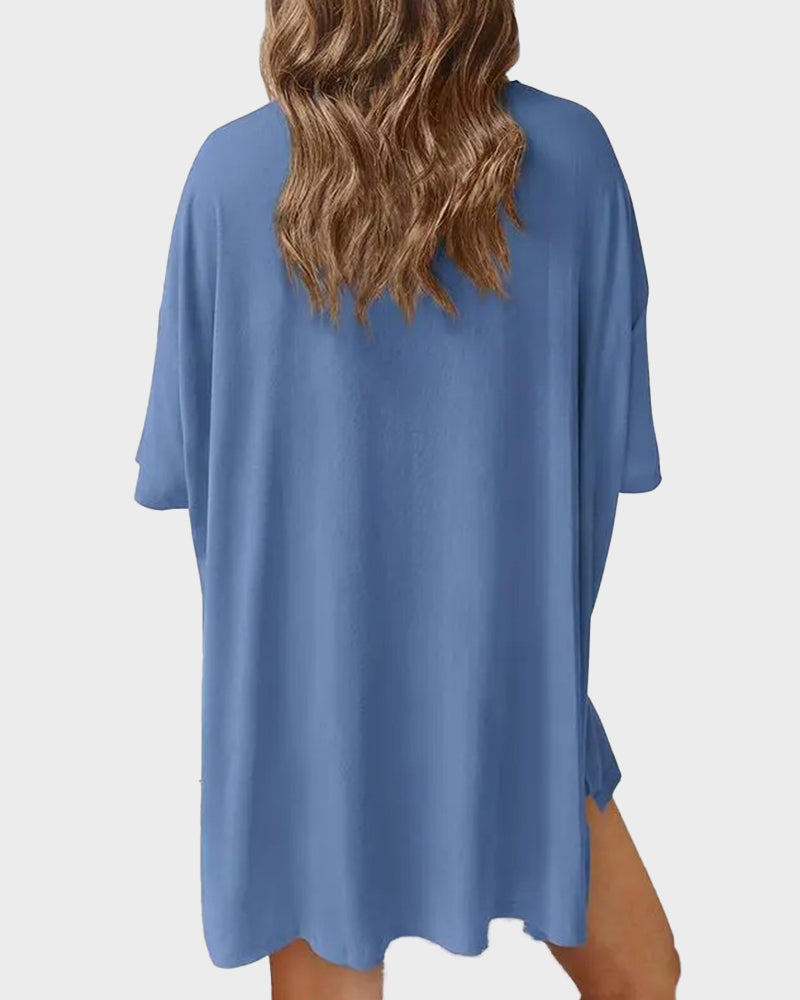 Casual 2-Piece Loungewear Set Oversized Split Hem Top & Fitted Shorts