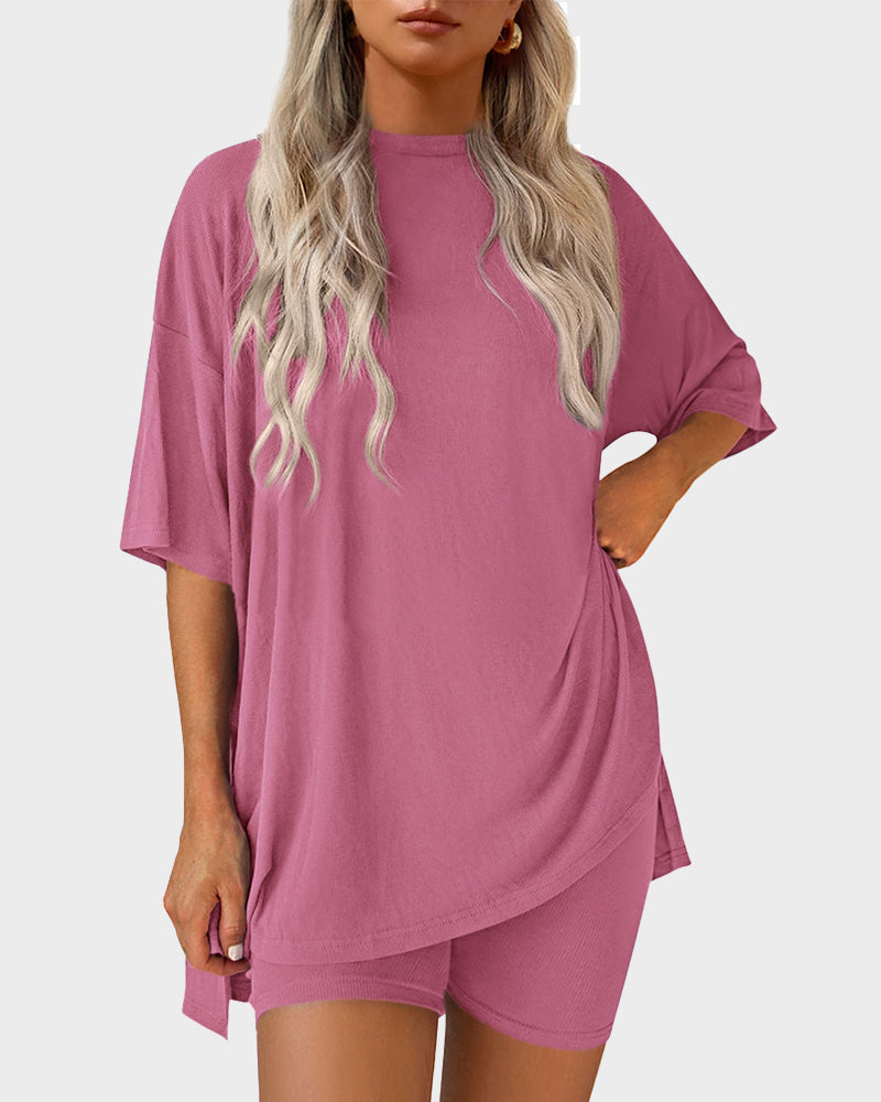 Casual 2-Piece Loungewear Set Oversized Split Hem Top & Fitted Shorts