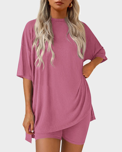 Casual 2-Piece Loungewear Set Oversized Split Hem Top & Fitted Shorts