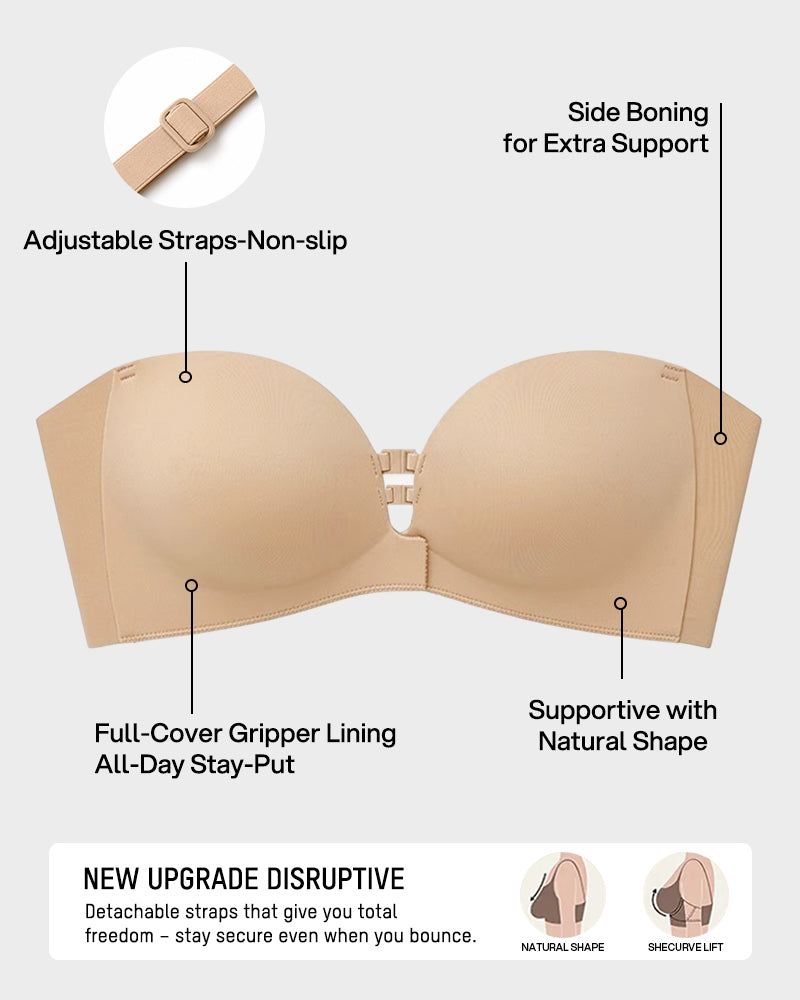 Seamless Front Closure Strapless Push-Up Bra with Removable Straps