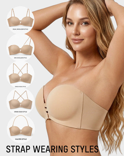 Seamless Front Closure Strapless Push-Up Bra with Removable Straps