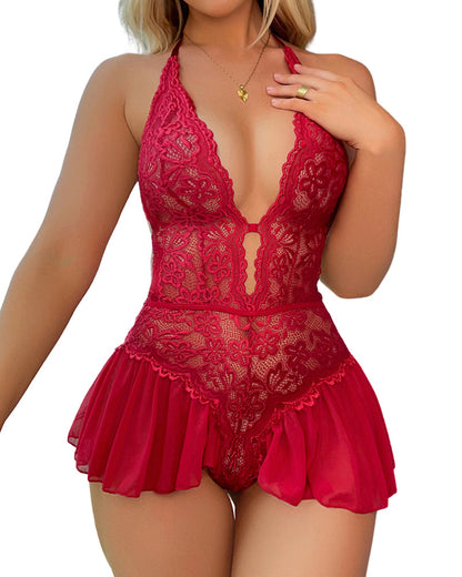 Sexy Hollow Lace See-through Straps Crotchless Teddies & Bodysuits
