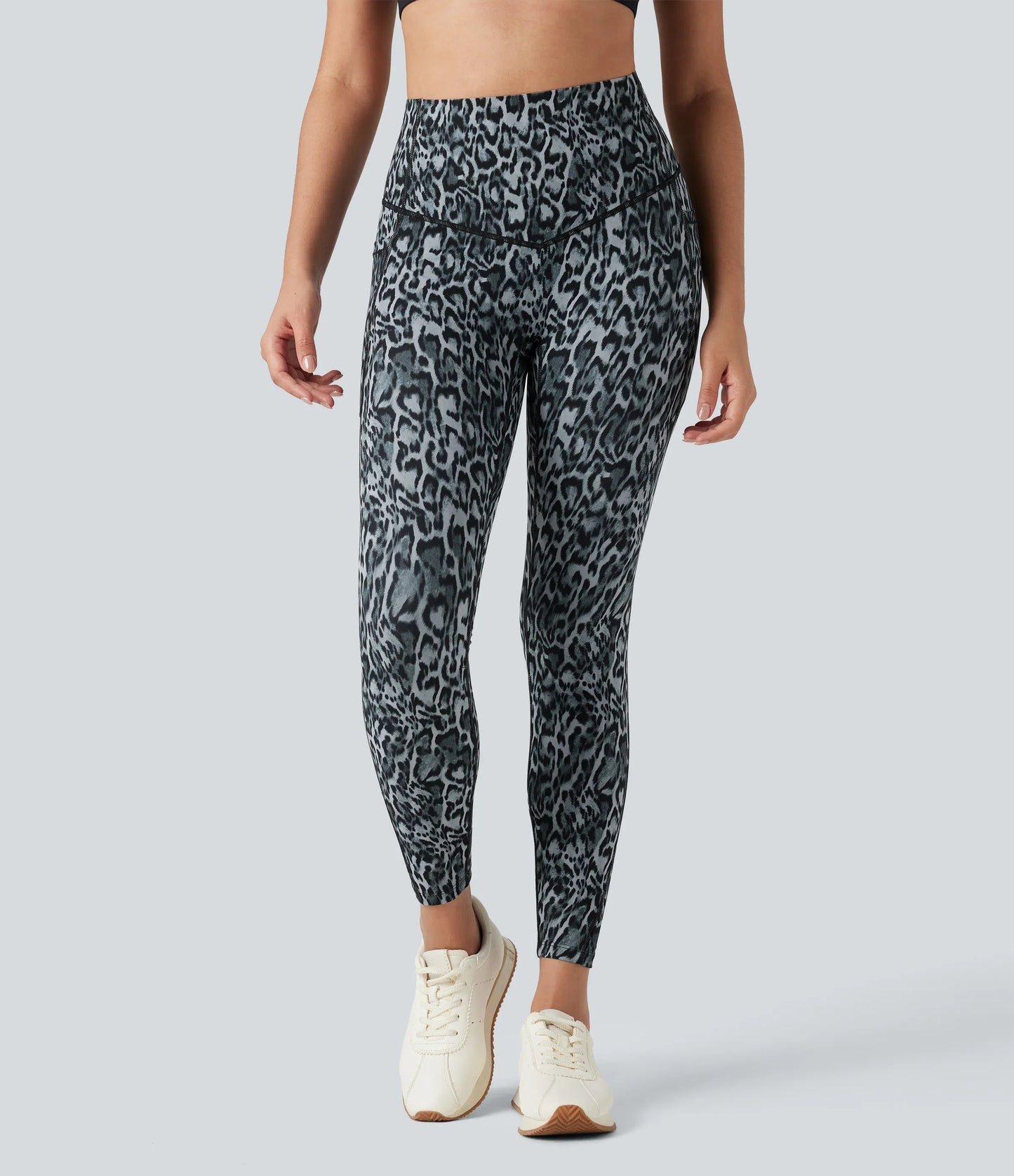 Leopard High Waisted Tummy Control Workout Leggings with Side Pockets