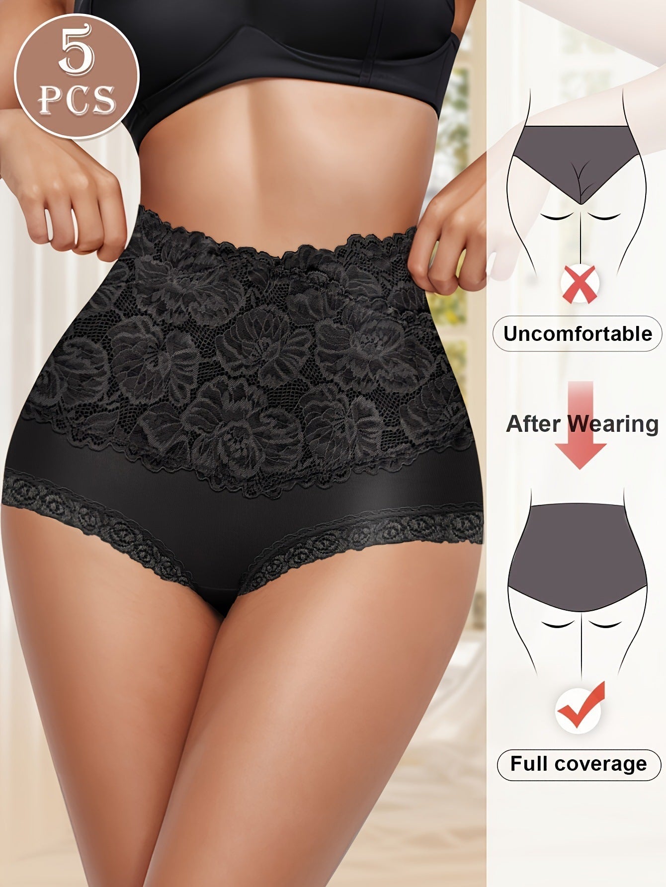 Comfy Everyday High-Waist Panties with Lace Trim, 5-Pack