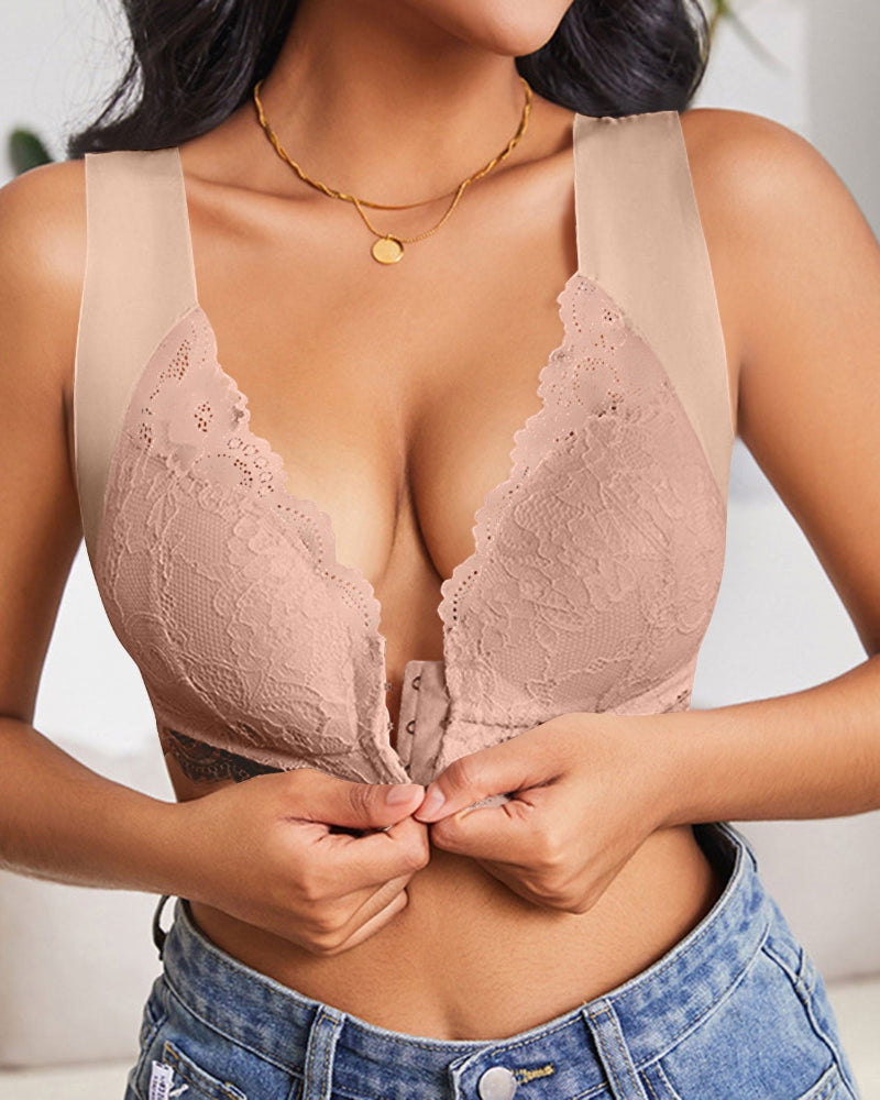 Shapecurve Women's Contrast Lace Hook & Eye Front PushUp Bra