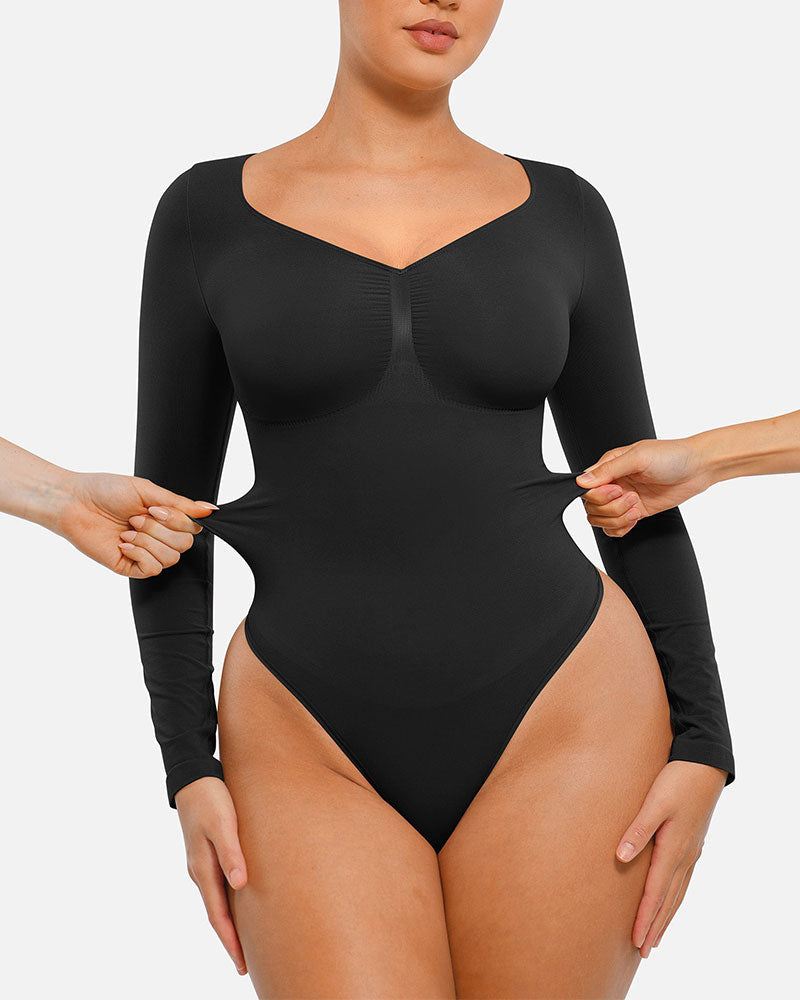 Womens Seamless Sculpt Long Sleeve Thong Bodysuit for Tummy Control