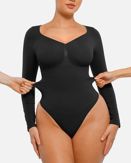 Womens Seamless Sculpt Long Sleeve Thong Bodysuit for Tummy Control