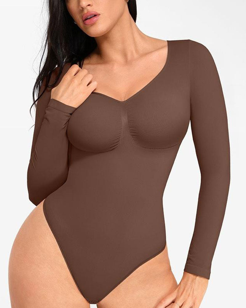 Womens Seamless Sculpt Long Sleeve Thong Bodysuit for Tummy Control