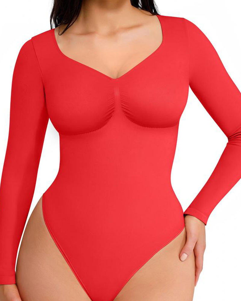 Womens Seamless Sculpt Long Sleeve Thong Bodysuit for Tummy Control