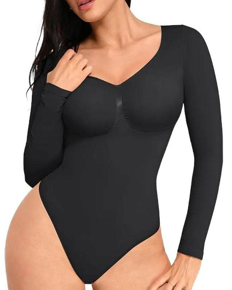 Womens Seamless Sculpt Long Sleeve Thong Bodysuit for Tummy Control