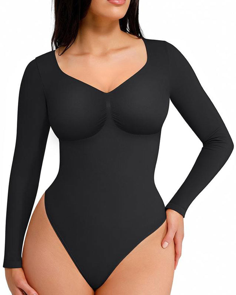 Womens Seamless Sculpt Long Sleeve Thong Bodysuit for Tummy Control