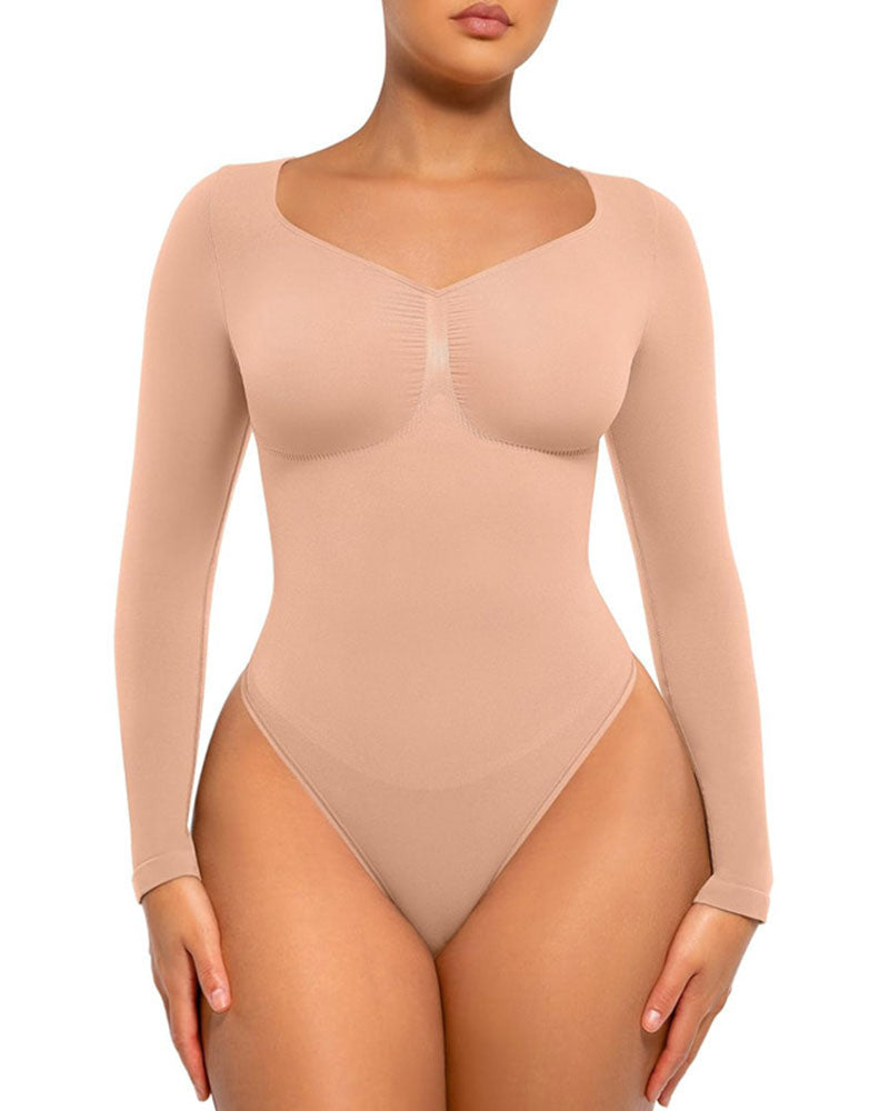 Womens Seamless Sculpt Long Sleeve Thong Bodysuit for Tummy Control