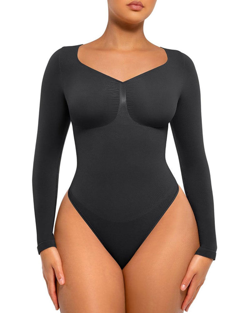Womens Seamless Sculpt Long Sleeve Thong Bodysuit for Tummy Control