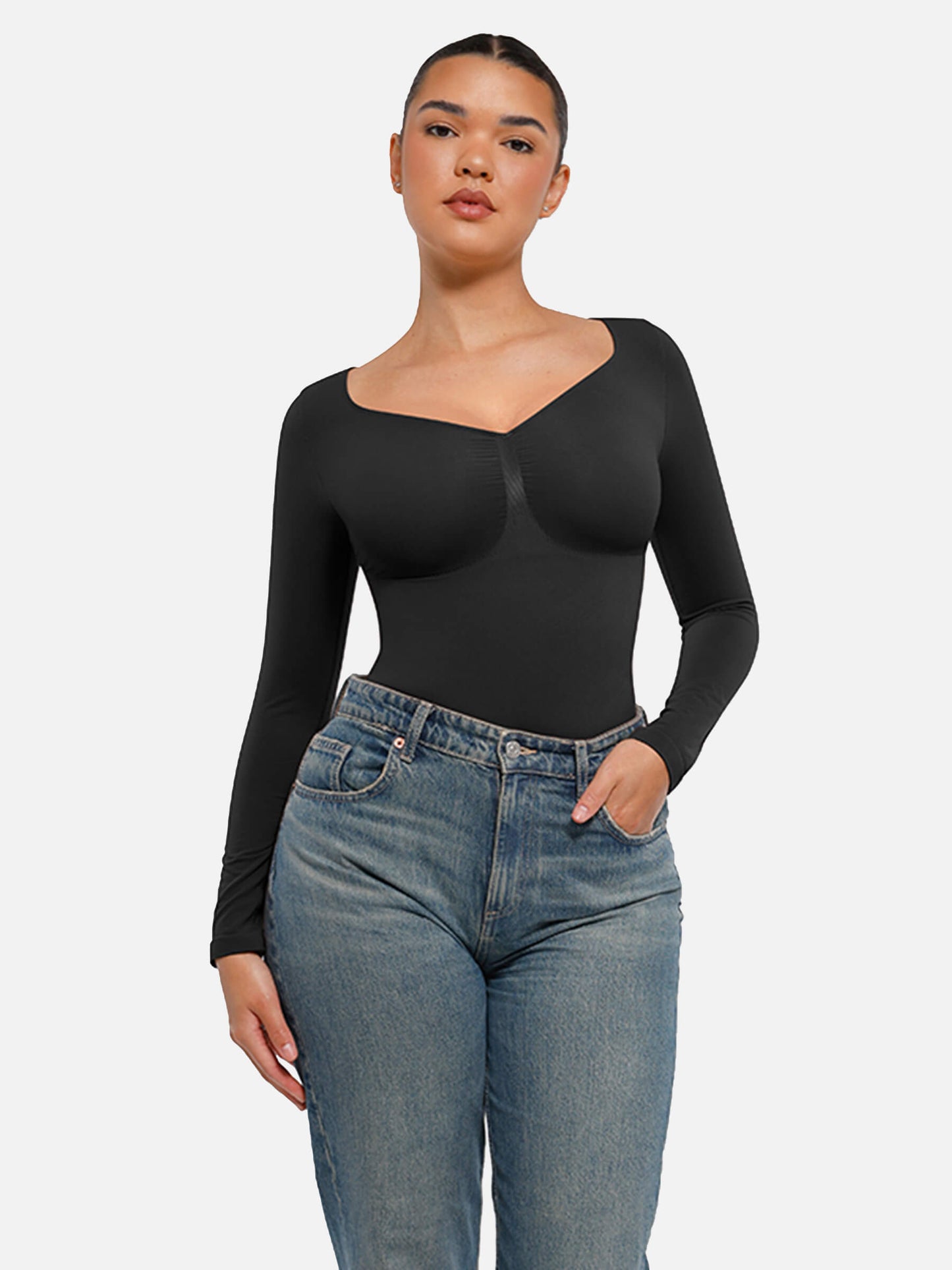 Womens Seamless Sculpt Long Sleeve Thong Bodysuit for Tummy Control