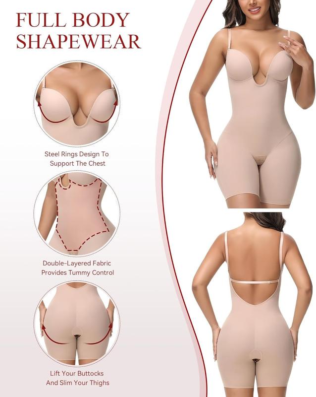 Women's U Plunge Strapless Tummy Control Bodysuit Low Back Built In Bra Shapewear