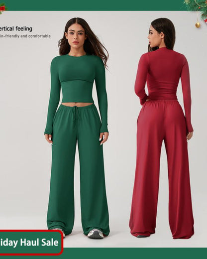 Women’s 2-Piece Activewear Set: Long-Sleeve Crop Top & Wide-Leg Pants | Stretchy Yoga/Workout/Running Clothes