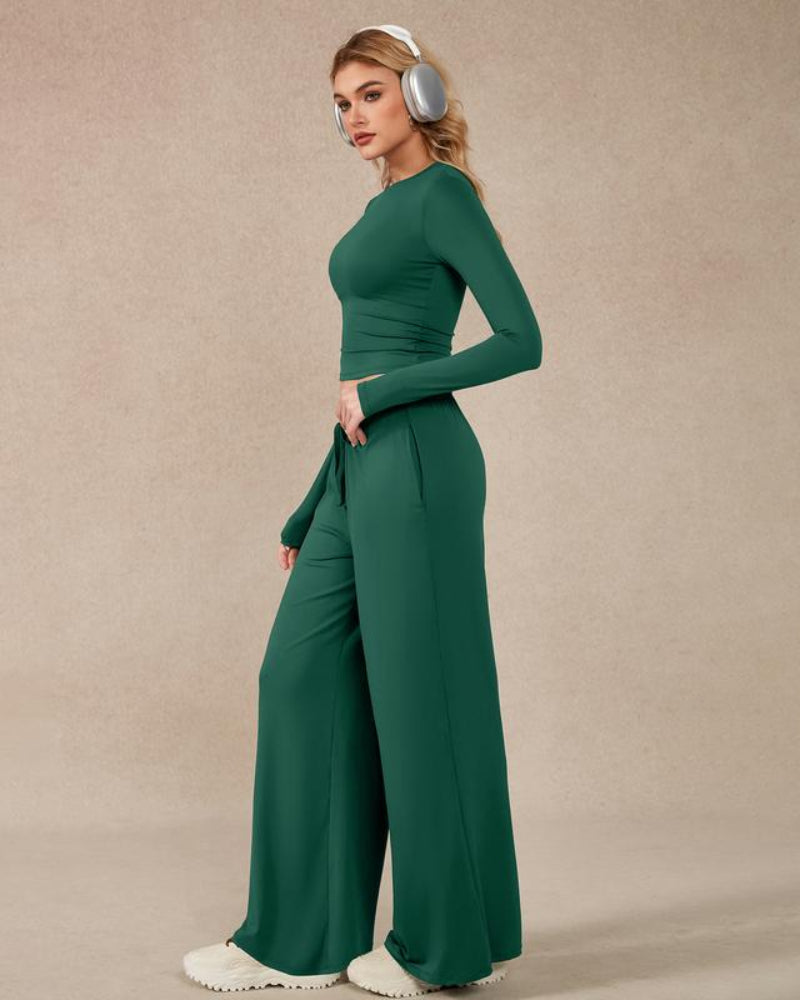 Women’s 2-Piece Activewear Set: Long-Sleeve Crop Top & Wide-Leg Pants | Stretchy Yoga/Workout/Running Clothes