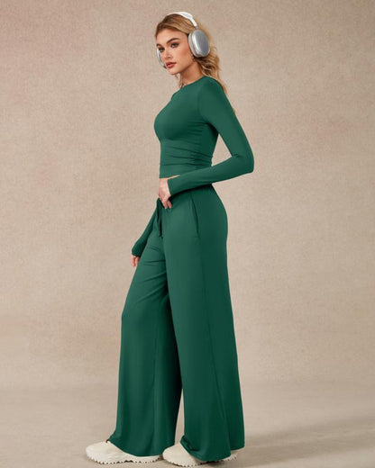 Women’s 2-Piece Activewear Set: Long-Sleeve Crop Top & Wide-Leg Pants | Stretchy Yoga/Workout/Running Clothes