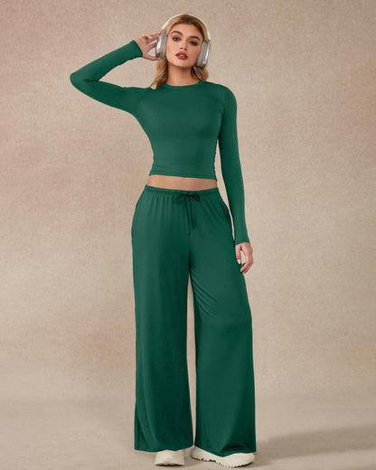 Women’s 2-Piece Activewear Set: Long-Sleeve Crop Top & Wide-Leg Pants | Stretchy Yoga/Workout/Running Clothes