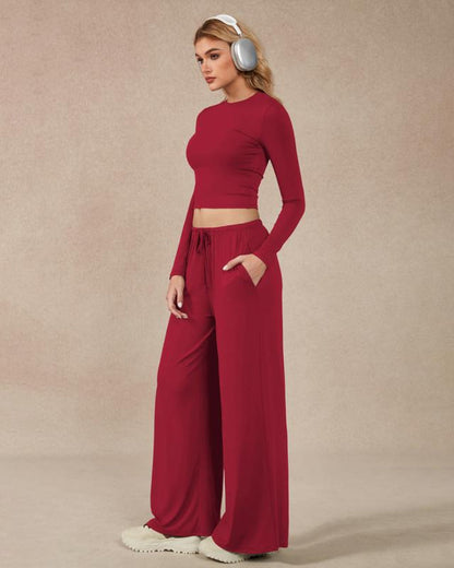 Women’s 2-Piece Activewear Set: Long-Sleeve Crop Top & Wide-Leg Pants | Stretchy Yoga/Workout/Running Clothes