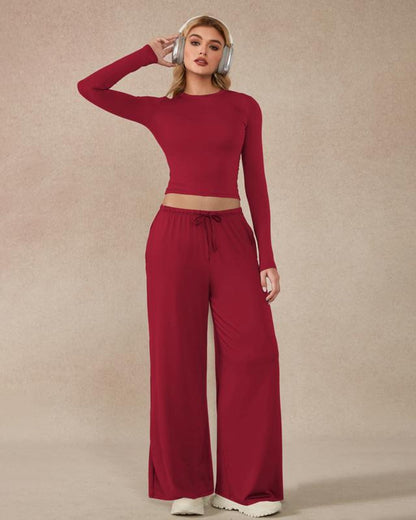 Women’s 2-Piece Activewear Set: Long-Sleeve Crop Top & Wide-Leg Pants | Stretchy Yoga/Workout/Running Clothes