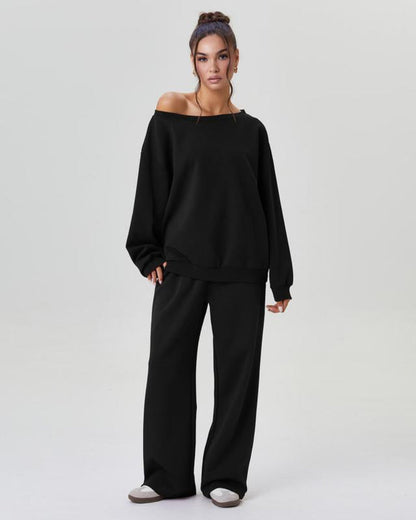 Women’s Cozy Two-Piece Lounge Set – One-Shoulder Long Sleeve Top & Wide-Leg Pants