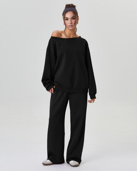 Women’s Cozy Two-Piece Lounge Set – One-Shoulder Long Sleeve Top & Wide-Leg Pants