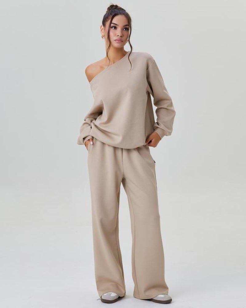 Women’s Cozy Two-Piece Lounge Set – One-Shoulder Long Sleeve Top & Wide-Leg Pants