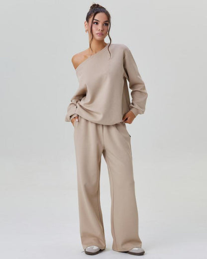 Women’s Cozy Two-Piece Lounge Set – One-Shoulder Long Sleeve Top & Wide-Leg Pants