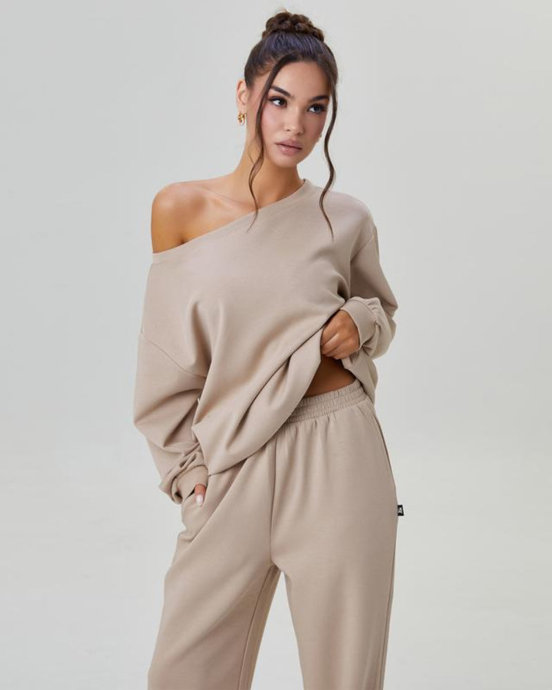 Women’s Cozy Two-Piece Lounge Set – One-Shoulder Long Sleeve Top & Wide-Leg Pants