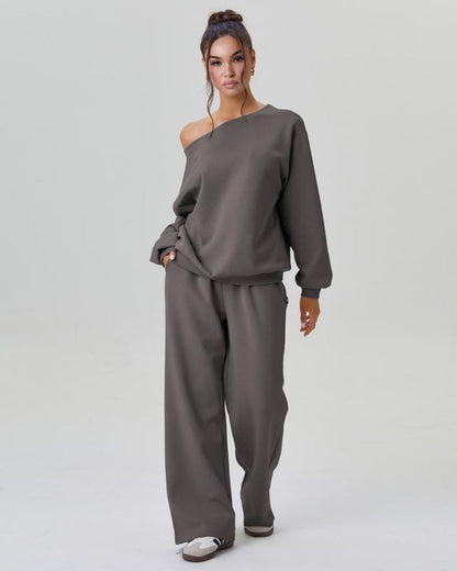 Women’s Cozy Two-Piece Lounge Set – One-Shoulder Long Sleeve Top & Wide-Leg Pants