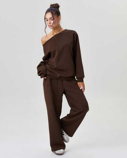 Women’s Cozy Two-Piece Lounge Set – One-Shoulder Long Sleeve Top & Wide-Leg Pants
