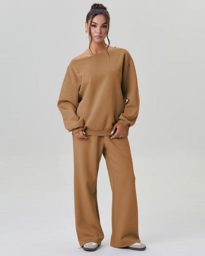 Women’s Cozy Two-Piece Lounge Set – One-Shoulder Long Sleeve Top & Wide-Leg Pants