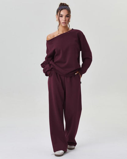 Women’s Cozy Two-Piece Lounge Set – One-Shoulder Long Sleeve Top & Wide-Leg Pants