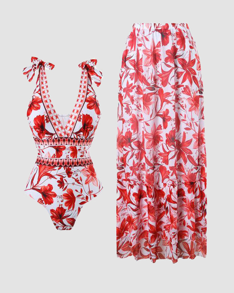 Shapecurve® V Neck Lace Up Strip Plant Prints One Piece Swimsuit and Skirt/Sarong