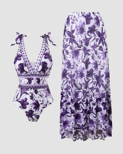 Shapecurve® V Neck Lace Up Strip Plant Prints One Piece Swimsuit and Skirt/Sarong