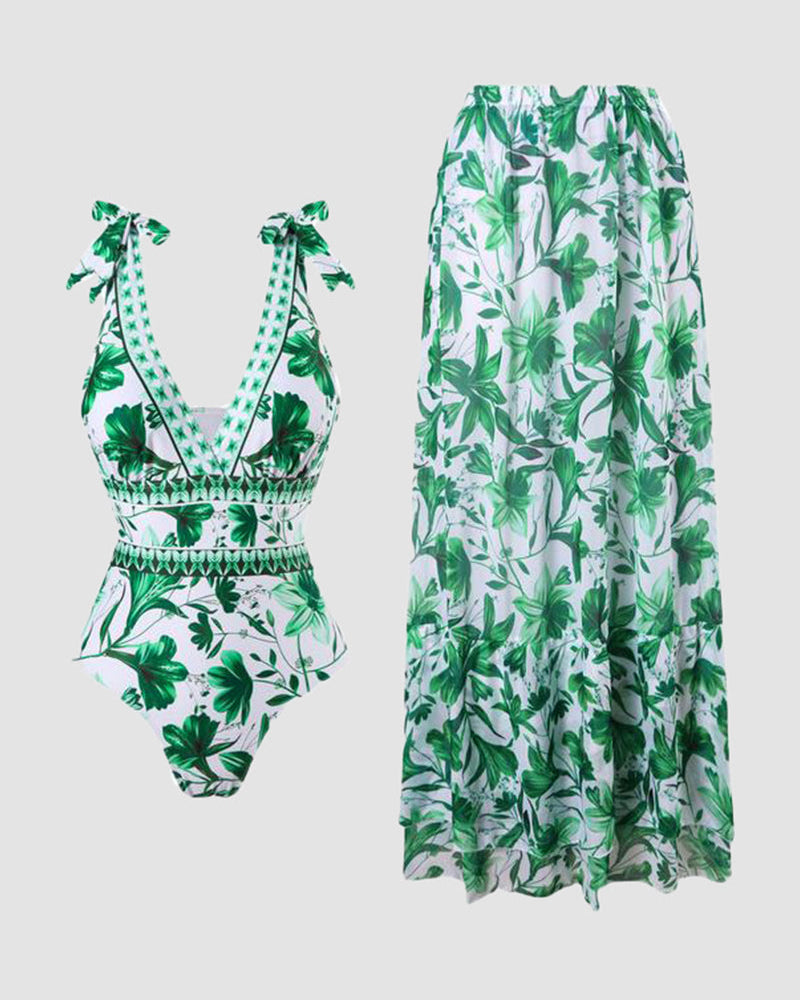Shapecurve® V Neck Lace Up Strip Plant Prints One Piece Swimsuit and Skirt/Sarong