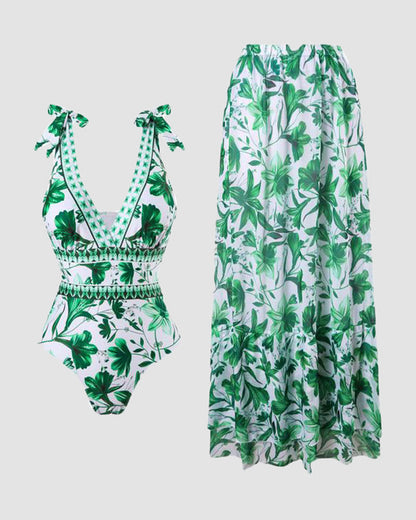 Shapecurve® V Neck Lace Up Strip Plant Prints One Piece Swimsuit and Skirt/Sarong