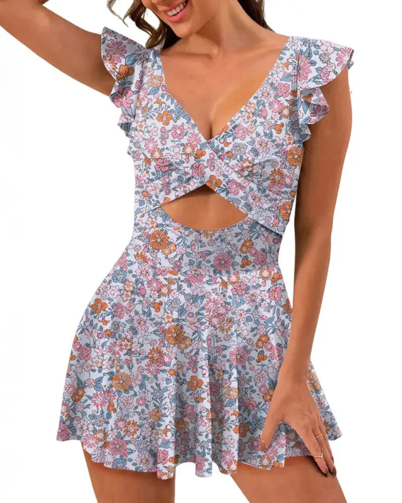 One Piece Swimsuit Ruffle Cutout Swimdress Tummy Control V Neck
