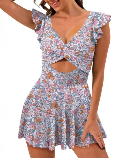 One Piece Swimsuit Ruffle Cutout Swimdress Tummy Control V Neck